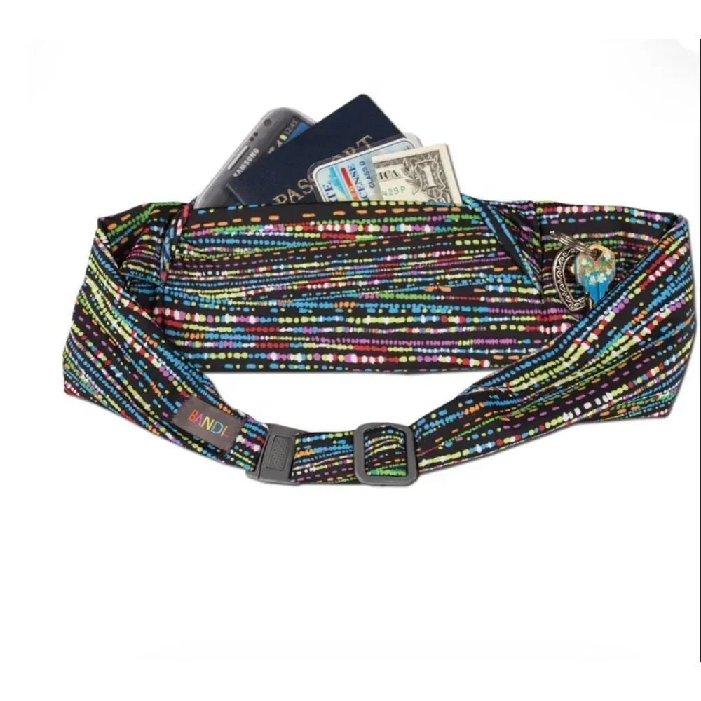 Bandi Nylon Pocketed Belt Bag in Confetti on Black - With Clip - OSFM 28”- 42”